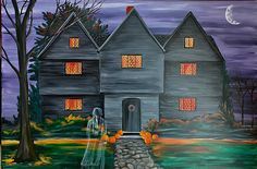 a painting of a house with pumpkins on the ground