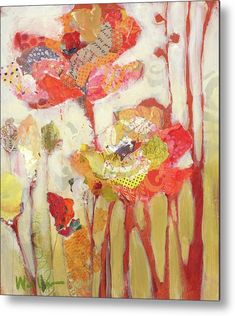 an abstract painting with red and yellow flowers