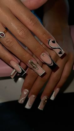 Black and white nails Black White And Gray Nail Designs, Hot Nails Black, Wedding Nails With Black, One Hand Black One Hand White Nail Ideas, Silver Nails And Black, White French Tip Designs Acrylic, Cute Nail Designs For Homecoming, Black Nails Wedding Guest, Masquerade Theme Nails