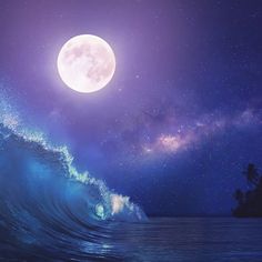 a full moon over the ocean with stars and trees in the background, as well as an image of a wave