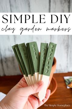 a hand holding five garden markers with the words simple diy written on them in green