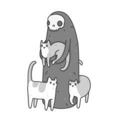 a skeleton is holding two cats in the shape of a tree with three smaller cats around it