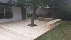 a tree sitting on top of a wooden deck