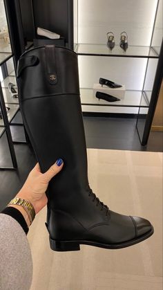 Chanel Riding Boots Outfit, Luxury Calf Leather Riding Boots, Chanel Riding Boots, Knee High Boots Chanel, Knee High Chanel Boots, Luxury Boots, Chanel Dress, Classy Fits, Shoes World