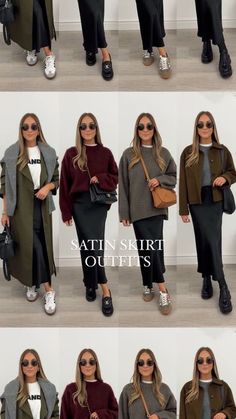 Stacie Elsmore on Instagram: "8 ways to wear a satin skirt for Autumn 🍂 Which look is your favourite?! 🖤 

You can shop all of these outfits now on my LTK- the link is in my bio or search MISSY ELZ on the app ✨" Satin Skirt Autumn Outfit, Winter Satin Skirt Outfit, Satin Skirt Outfit Ideas, Outfit Jupe Satin, Satin Skirt Outfit Winter, Missy Elz, Grey Outfits, London Outfits, Expensive Outfits