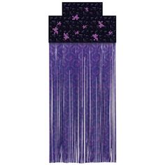 a purple and black wall hanging decoration with fringes on the top, in front of a