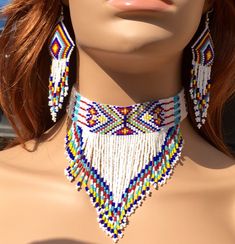 Beautiful Hand Beaded Indian Fringe Choker. 11/0 Size Czech Seed Bead . Earrings Length X Width = 4 X 1.3 Lock And Extention Chain Made Of White Metal With 0.925 Oxidized Sterling Silver Polish. Weight: 50.0g Length: 13.5 TO 15 inch Max Width:4.9 inch Loom Necklace, Fringe Jewelry, Native Beading Patterns, Beaded Necklace Patterns, Necklace Patterns, Beaded Earrings Patterns, White Necklace, Beaded Accessories, Seed Bead Necklace