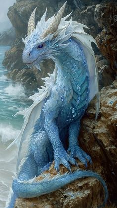 a blue dragon sitting on top of a rock next to the ocean