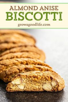 almond biscotti cookies stacked on top of each other with the words almond anise biscotti above them