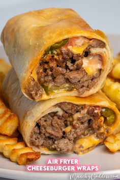 Golden brown cheeseburger wrap cut in half and stacked on top of each other showing the inside ground beef, melted cheese, pickles, ketchup, and mayonnaise next to a side of fries. Dinner Tortilla, Air Fryer Cheeseburger, Cheeseburger Wraps, Cheese Pickles, Seasoned Ground Beef