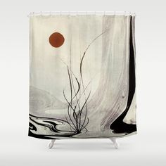 a shower curtain with an abstract painting on the front and back of it, in black and white