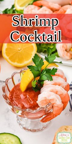 shrimp cocktail in a glass bowl with garnish on top