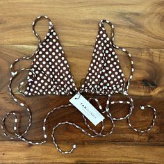 Brown & White Polkadot Bikini Top By Sivan Ayla Summer Brown Triangle Top Swimwear, Brown Triangle Top Swimwear For Summer, Summer Triangle Top Brown Swimwear, Spring Vacation Brown Swimwear, Fitted Brown Swimwear For Beach, Fitted Brown Swimwear For The Beach, Brown Swimwear For Poolside Spring Season, Spring Brown Swimwear For Poolside, Fitted Brown Beachy Swimwear