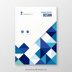 a blue and white brochure with geometric shapes