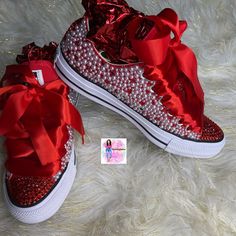 Custom Bling Converse All Star Chuck Taylor Sneakers. All designs handmade and embellished with a variety of high quality crystals. Good for weddings, proms, homecomings, birthdays, special events or just your everyday girly girl. Shoe Details: Classic red low top Converse All Star Chuck Taylor Sneaker (Cloth material style) Shoe Size: starting at women's size 5 to women's size 12; Size availability may vary based on our suppliers current inventory. If your size is out of stock at the time of yo Luxury Red Custom Sneakers With Red Sole, Luxury Red Custom Sneakers For Women, Bedazzled Sneakers, Red And White Converse, Wedding Tennis Shoes, Bedazzled Shoes Diy, Air Force One Shoes, Sorority Fashion, Bedazzled Shoes