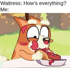 a cartoon cat eating a hot dog with the caption waitress how's everything? me