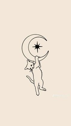 a black and white drawing of a cat on the moon with a star above it