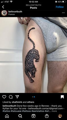 a man with a tattoo on his leg and a leopard on the thigh, is shown in an instagram