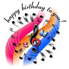 happy birthday to you with music notes and hearts on rainbow colored lines, over white background