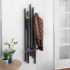 a coat rack with two coats hanging from it's sides next to a potted plant