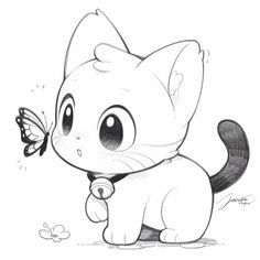 a drawing of a cat with a butterfly on it's nose and its tail