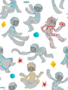 an image of spacemen in various poses on a white background with red and blue shapes