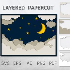 layered papercuts with clouds, stars and the moon in the sky above them