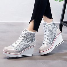 Brand Name: CINESSDUpper Material: flockOrigin: CN(Origin)Heel Height: High (5cm-8cm)Fashion Element: BlingPattern Type: Mixed ColorsLining Material: PUInsole Material: LatexSeason: Spring/AutumnClosure Type: Lace-upFit: Fits true to size, take your normal sizeModel Number: LH1000394Model Number: LH1000394Wedge Height: 8cmPlatform Height: 2.5cmFeature: Bling,Glitter Crystal Noir, Shoes Pink, Silver Shoes, Wedge Sneakers, Shoes Woman, Casual Lace, Platform Wedge, High Top Shoes, Up Shoes