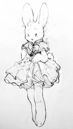 a black and white drawing of a rabbit in a dress