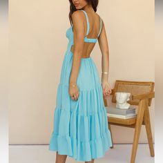 The Prettiest Blue Color. Perfect Summer Wear. Trusted Seller. Have Sold Over 1200+ Items. Light Blue Backless Vacation Dress, Light Blue Summer Sundress For Brunch, Light Blue Midi Length Sundress, Light Blue Maxi Dress For Brunch, Blue Ruffled Sundress For Brunch, Chic Blue Backless Sundress, Blue Backless Sundress Midi Dress, Blue Backless Sundress Maxi Dress, Blue Ruffle Sundress For A Day Out