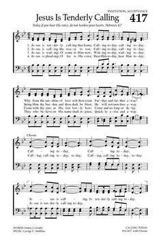 sheet music with the words jesus is tenderly calling