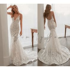 two pictures of a woman in a wedding dress and one is wearing a gown with an open back