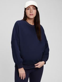 Soft knit.  Long sleeves.  Crewneck.  Certain styles have allover prints. Gap Maternity, Pregnancy Wardrobe, Pregnancy Tshirts, Night Blue, Dark Night, Classic Blue, Maternity Clothes, Soft Knits, Crewneck Sweatshirt