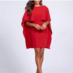 Red Cape Dress From Gabrielle Union's Collection With New York And Company. Red A-line Mini Dress For Holiday, Elegant A-line Mini Dress For Holiday Party, Elegant Evening Dresses For The Holidays, Elegant Solid Color Dress For Holiday, Red Summer Party Dresses, Elegant Red A-line Mini Dress, Elegant Dress For Holiday, Elegant Dresses For Holiday, Red A-line Mini Dress For Party Season