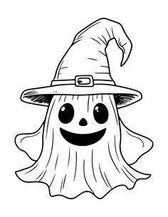 a black and white drawing of a smiling ghost wearing a witch's hat for halloween