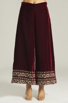 Maroon anarkali with front pleated details, floral pattern, metallic zardozi, aari embroidered front panel and sleeve borders. Paired with palazzo with embroidered borders. - Aza Fashions Maroon Anarkali, Palazzo Set, Aari Work, Velvet Color, Embroidered Silk, Raw Silk, Set For Women, Anarkali, Aza Fashion