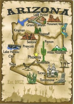 a map of arizona with all the towns and attractions on it's paper sheet