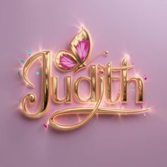 the word julia written in gold with a pink butterfly on it's back side