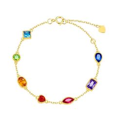 Colorful Geometric Shaped CZ Sterling Silver Gold Plated Bracelet – N O L O Family Bracelets, Cubic Zirconia Bracelet, Gems Bracelet, Rainbow Jewelry, Jewelry Lookbook, Gold Plated Bracelets, Jewelry Manufacturers, Hand Jewelry, Styl Vintage