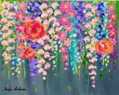 a painting of colorful flowers on a blue background