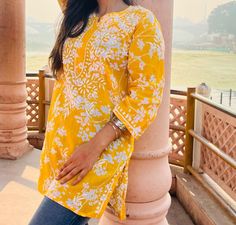 Elegant mul mul floral short chikankari kurta in short to be paired with palazzos,jeans . Length 30 inches Chikankari Kurta, Gown Party Wear, Sequin Pants, Anarkali Gown, Chandler Az, Colour Star, Floral Short, Formal Occasion, Party Wear