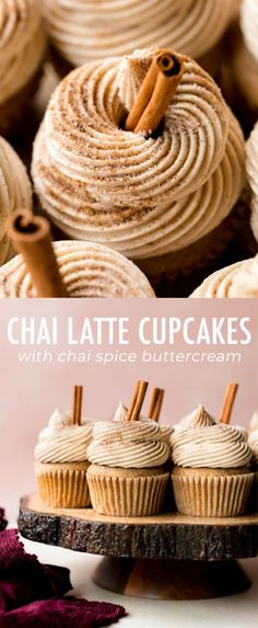 some cupcakes with cinnamon spice on top and the words chai latte cupcakes above them