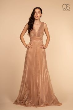 Pleated Long Illusion V-Neck Metallic Dress by Elizabeth K GL2574-Long Formal Dresses-ABC Fashion Empire Waist Prom Dress, Rose Gold Prom Dress, Prom Dresses For Sale, Bridesmaid Dresses Prom, Pageant Dresses, Metallic Dress, Floor Length Dresses, Long Prom Dress, Deep V Neck