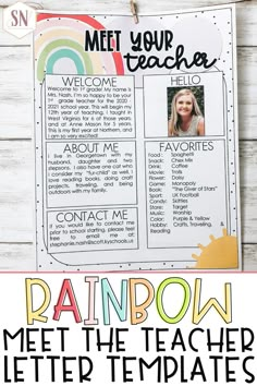 the rainbow teacher's lettered template is displayed on a white wooden background with text that reads meet your teacher