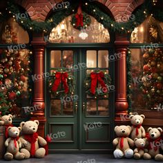 two teddy bears sitting in front of a green door decorated with christmas wreaths and lights