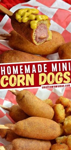 homemade mini corn dogs with mustard and ketchup on the top are ready to be eaten