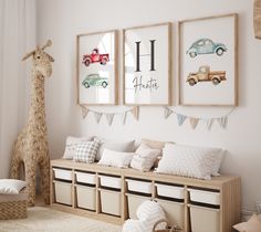 a child's room decorated in neutral colors