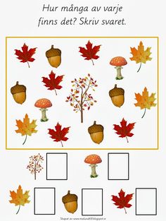 an autumn themed worksheet with leaves and acorns