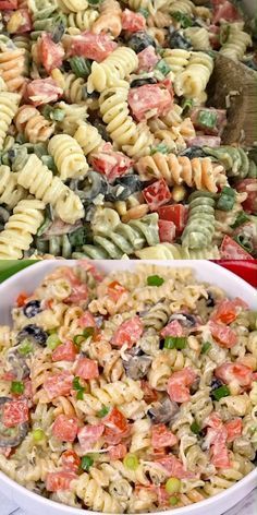 the pasta salad is ready to be eaten and served in the same bowl as the rest of the meal