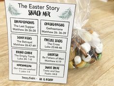 the easter story snack mix is packaged in a plastic bag